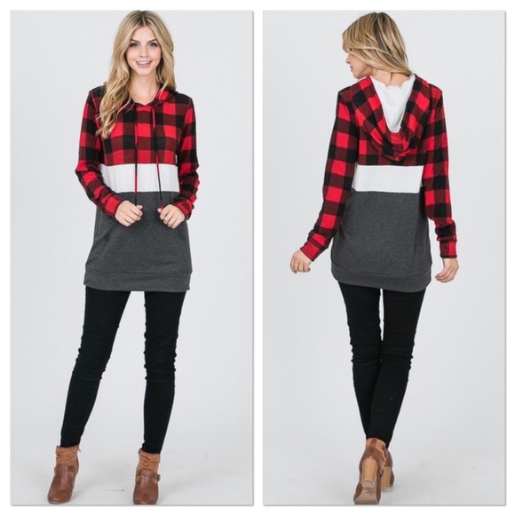 LAST ONE! Red & Black Plaid Color Block Hoodie - Picture 4 of 4